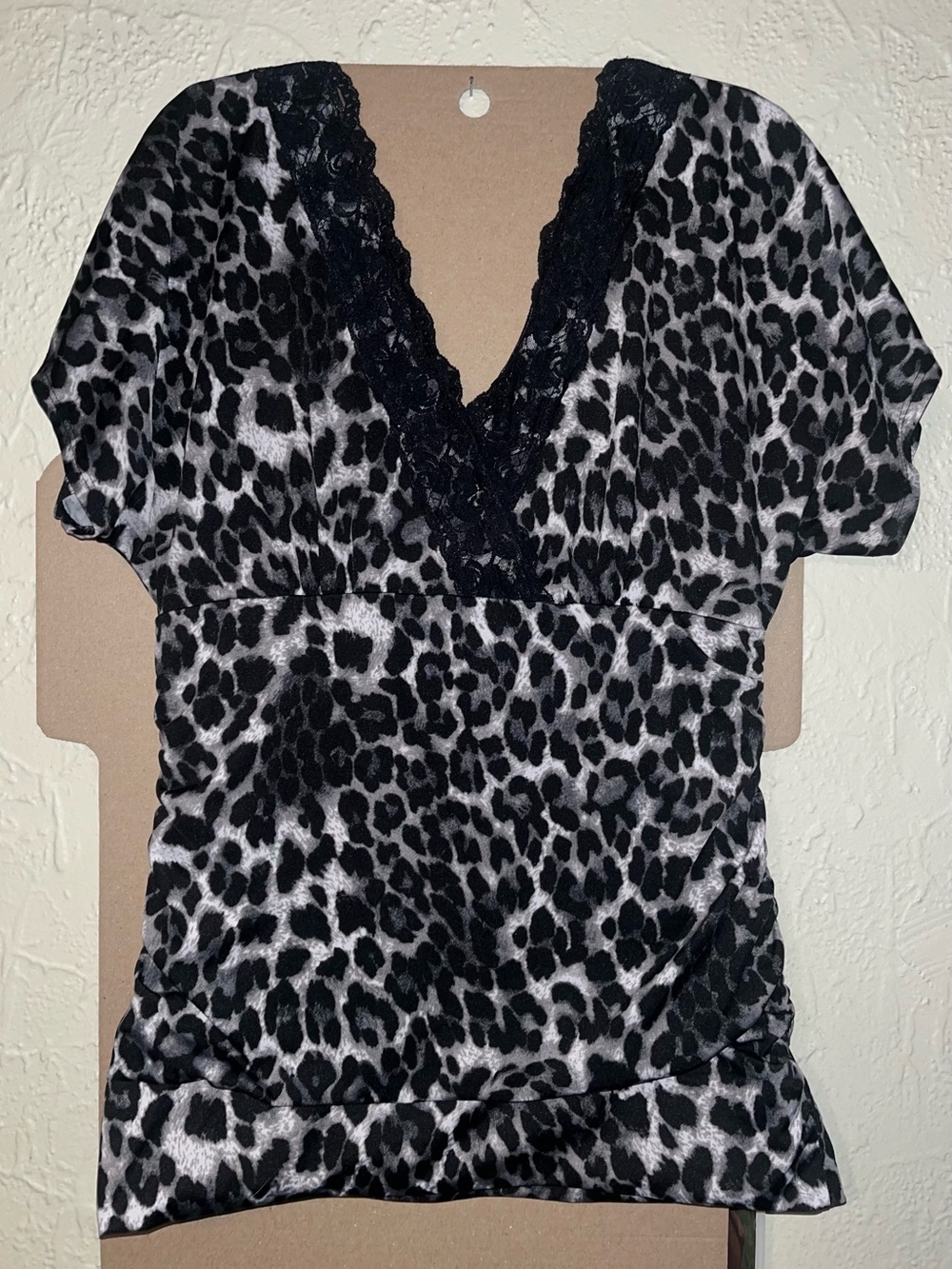 Maurices Gray and Black Leopard Lace Trim V-Neck Top